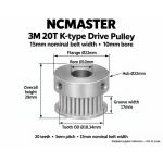 20T-15W-10B — 3M K-type Drive Pulley, 10mm Plain Bore