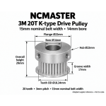 20T-15W-14B — 3M K-type Drive Pulley, 14mm Plain Bore