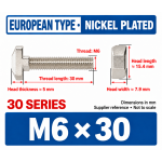 M6 × 30 mm T-Slot Drop-In Bolts for 3030 Profile — 50 Pack