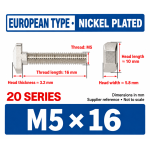M5 × 16 mm T-Slot Drop-In Bolts for 2020 Profile — 50 Pack