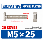 M5 × 25 mm T-Slot Drop-In Bolts for 3030 Profile — 50 Pack
