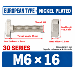 M6 × 16 mm T-Slot Drop-In Bolts for 3030 Profile — 50 Pack