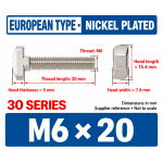 M6 × 20 mm T-Slot Drop-In Bolts for 3030 Profile — 50 Pack