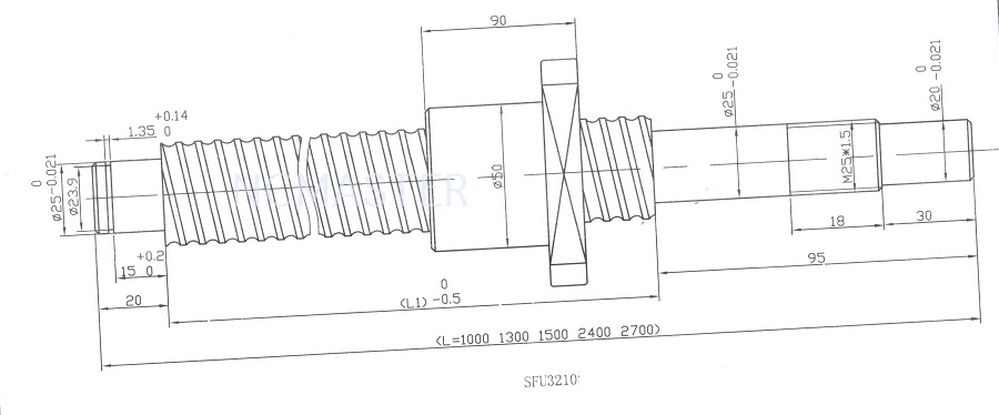 SFU3210 ballscrew end-machining dimensions for BK25 and BF25 supports