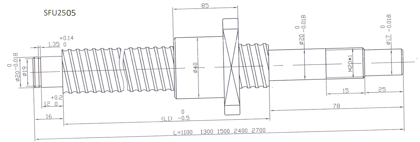 SFU2505 ballscrew end-machining dimensions for BK20 and BF20 supports